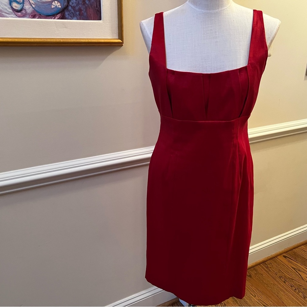 Calvin Klein –Size 12 Red Stripped Knee Length Satin Midi Dress